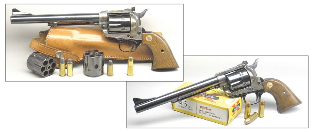 Tests in two Colt New Frontiers chambered for .44 Special, shown with .44 Special, Russian and WCF cylinders (upper left) and .45 Colt (upper right) showed accuracy potential with selected handloads for both cartridges is quite similar.